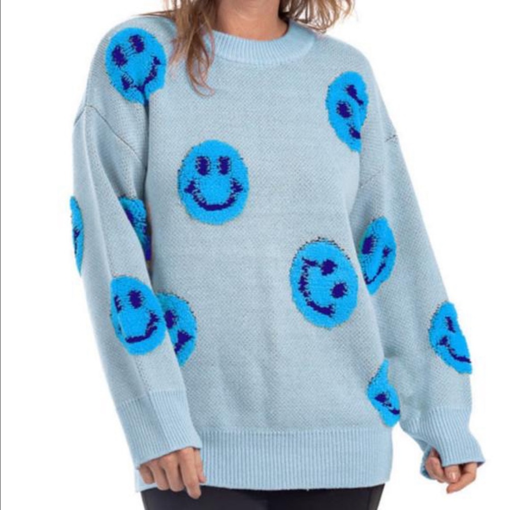 Light Blue Happy Face Soft Crewneck Sweater NWT